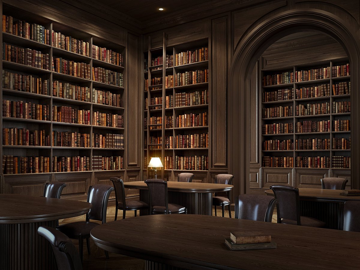Elegant classic library interior with tall wooden bookshelves filled with books